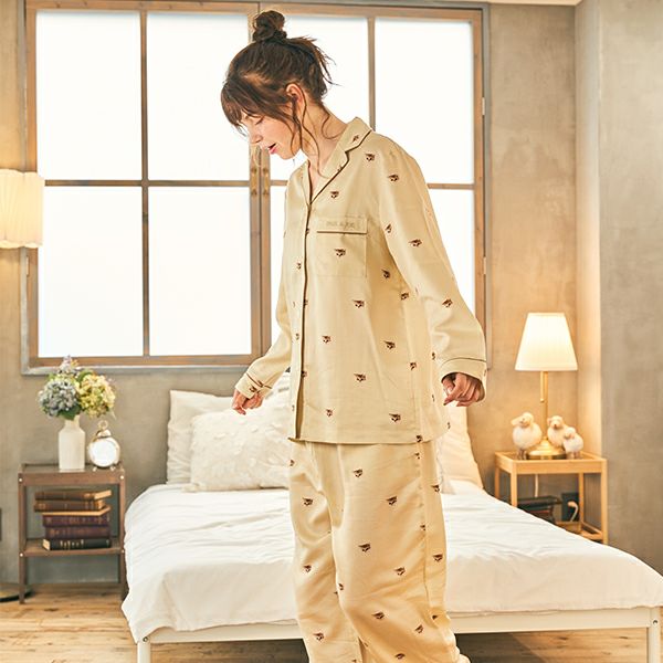 【PAUL&JOE PARIS room wear】ポールアンドジョー ヌネット プリント レディース サテン ブラウス ロングスリーブ トップス