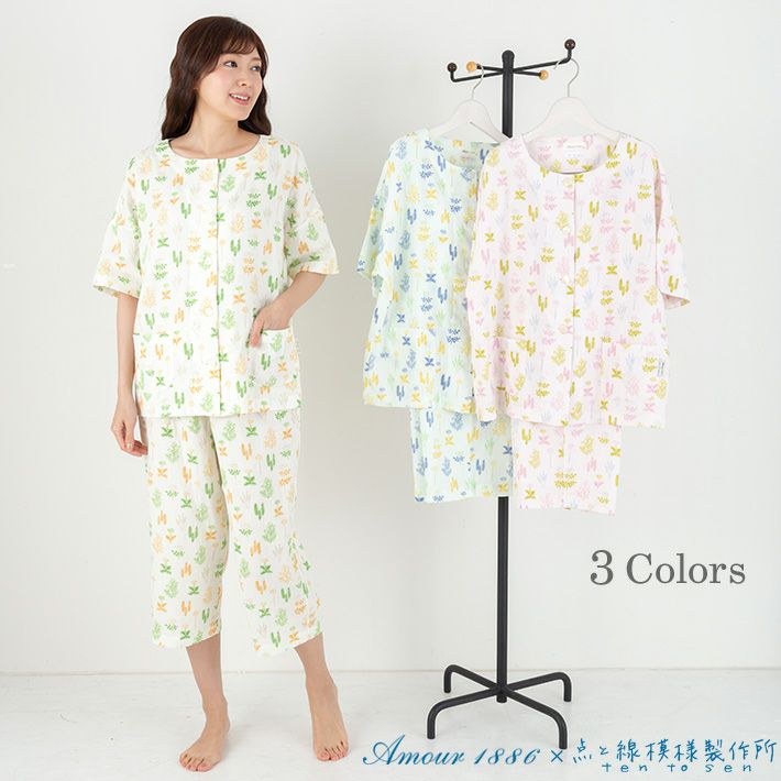 Amour16 点と線模様製作所 天竺ニットプリント半袖パジャマ 野草ライン 夏 レディース ルームウェア ナイトウエア 部屋着 綿100 母の日 ギフト 荒川パジャマ公式オンラインショップ