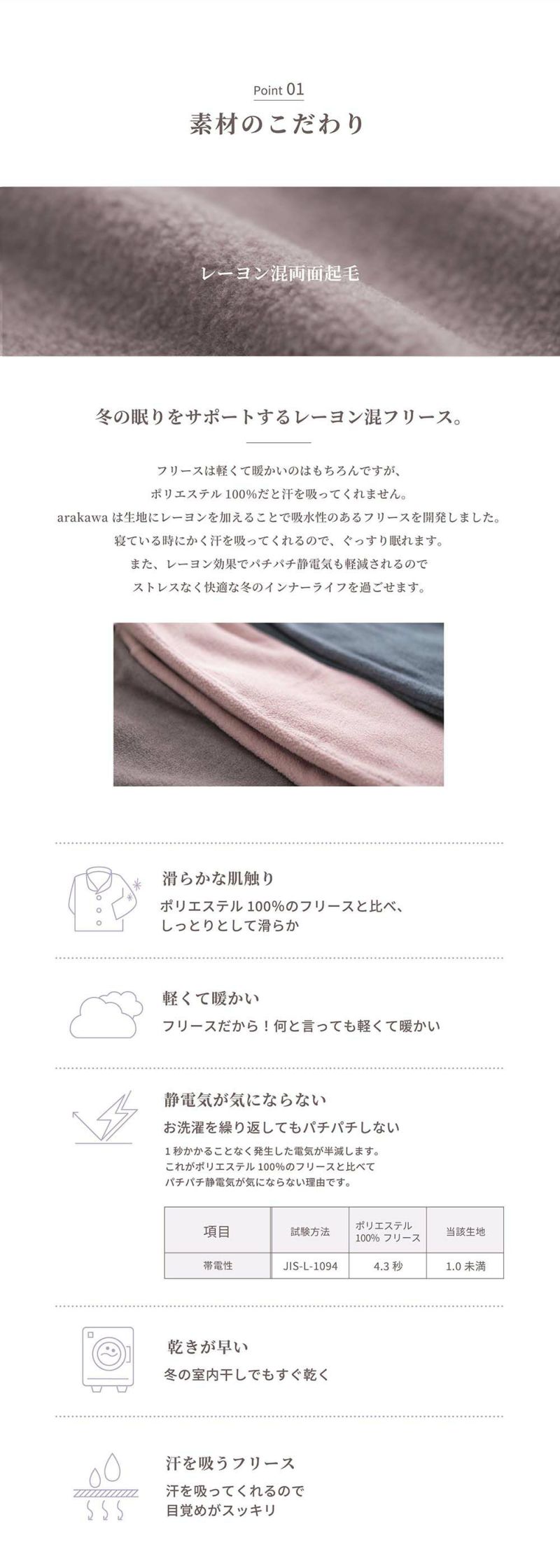 【Arakawa1886 快眠プロジェクト】レーヨン混 フリース 両面起毛 リラックス レディース メンズ ペア