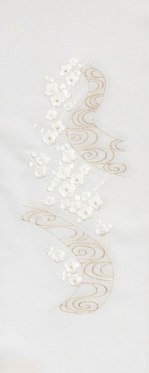 松梅に鳥 刺繍半衿 No.15055 / 正絹・塩瀬 / 袷用 / 白地×白金 / 半襟