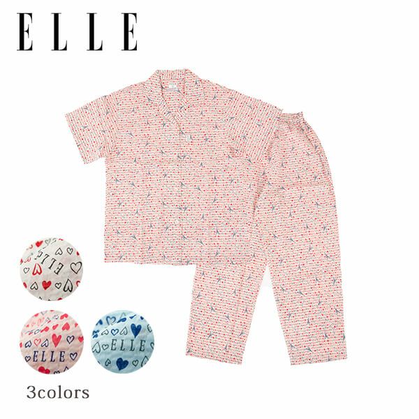 【ELLE】 ハート柄　80リップルプリント　半袖長ズボン レディース パジャマ  部屋着