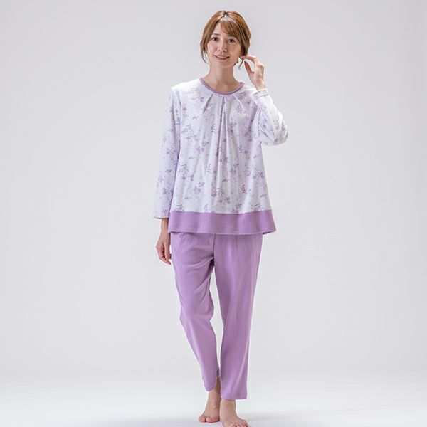 【新品】荒川パジャマ アムール ELLE ◆ 涼しいリップル パジャマ Lサイズ やわらかニットスムースプリント中花 無地パジャマ【Amour