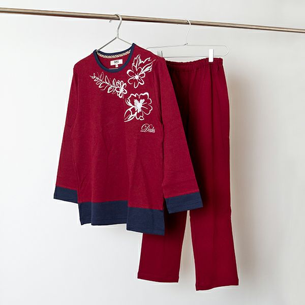 【DAKS】ダブル天竺  花柄 プリント パンツ 無地 レディース 上下セット  日本製 パジャマ ルームウェア 部屋着 ベーシック 春 秋  長袖  パジャマ ルームウェア レディース  かわいい 可愛い 旅先