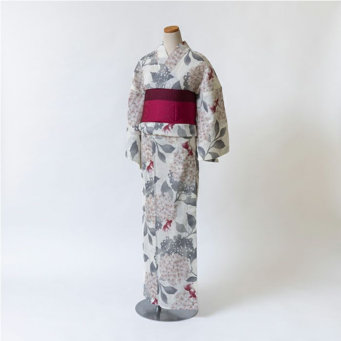 本日限定★新品★ ゆかた★花古今 ゆかた 花古今 紫陽花に金魚 （紺） 綿 ネイビー 仕立て上がり