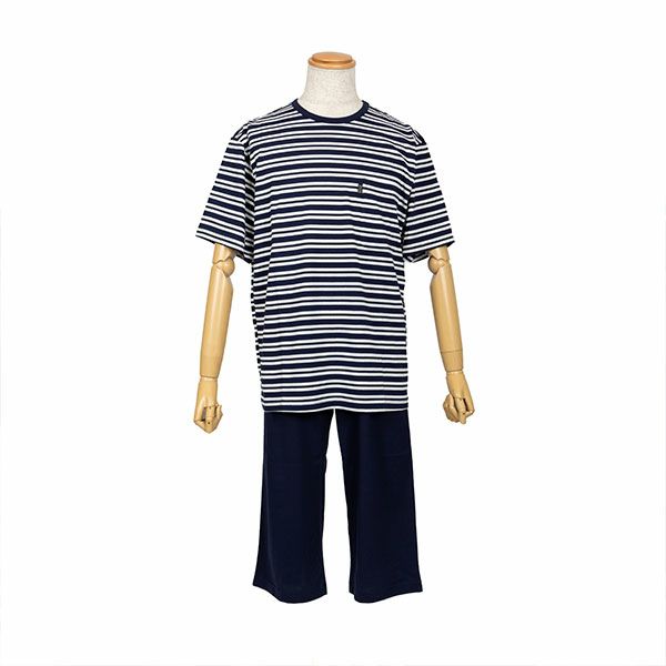 【ELLE】 天竺ボーダー × 無地 夏用半袖・7分ズボンナイトウェア